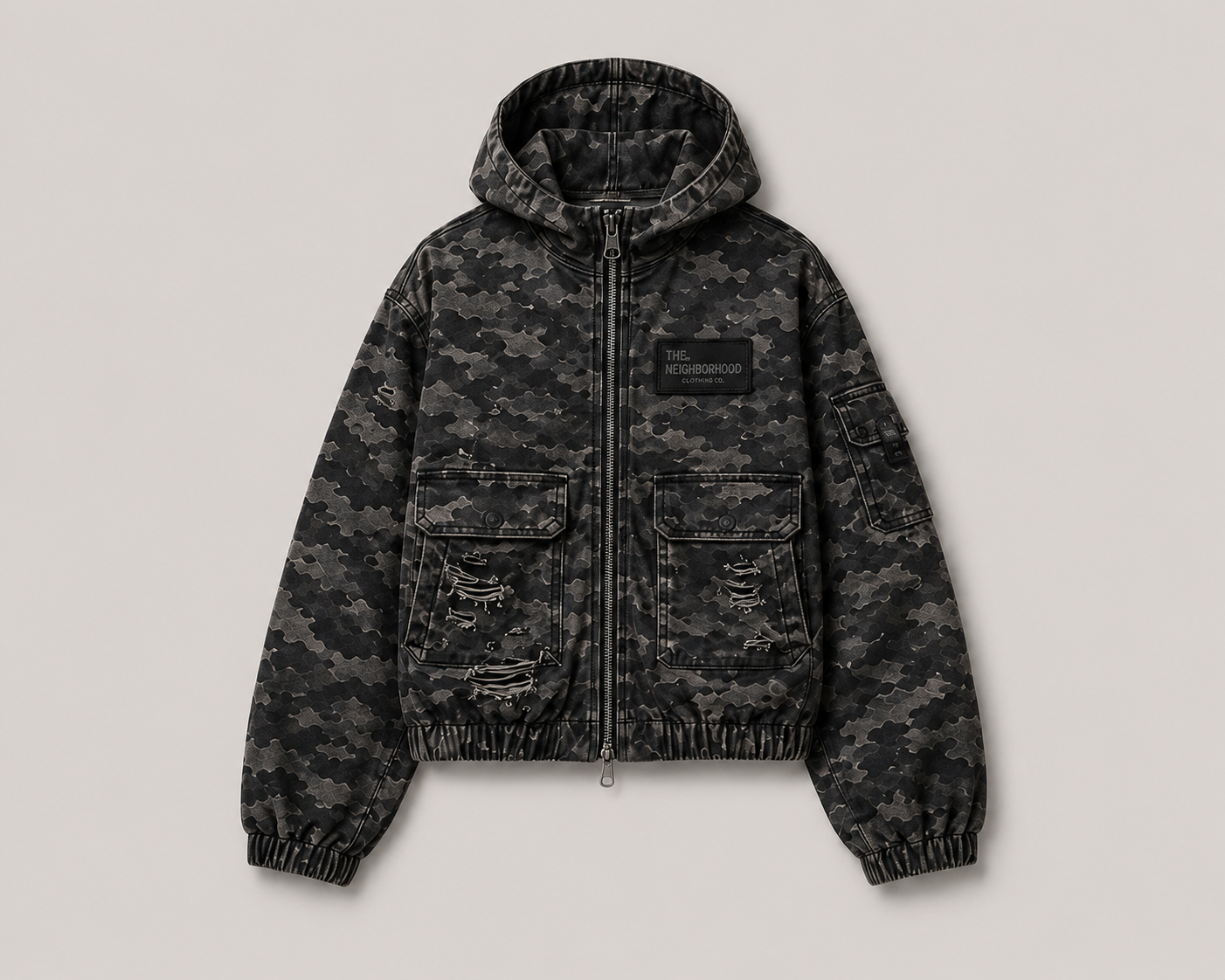 Hard-Washed Damaged Hooded Zip-Up Jacket