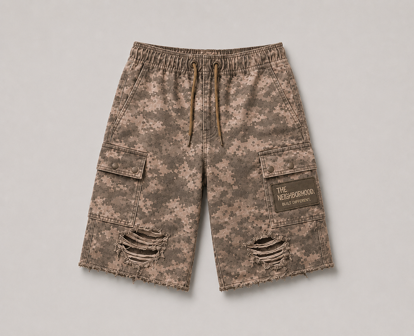 Washed Paneled Frayed-Hem Camo Cargo Shorts