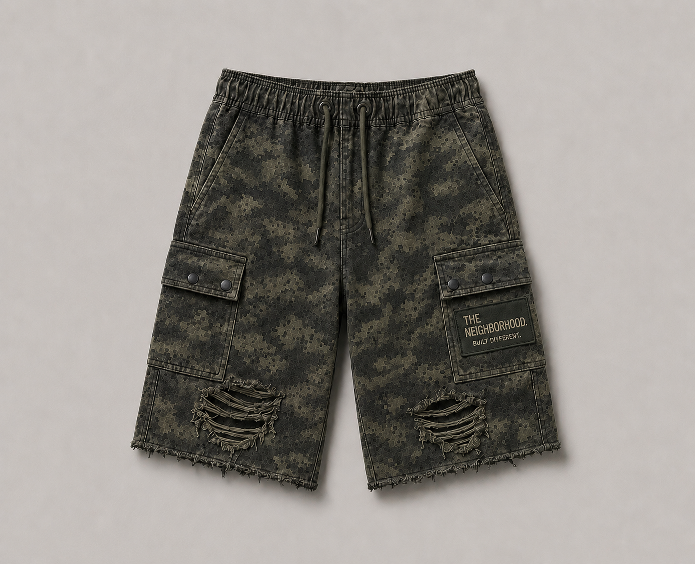 High Street Distressed Camo Cargo Shorts
